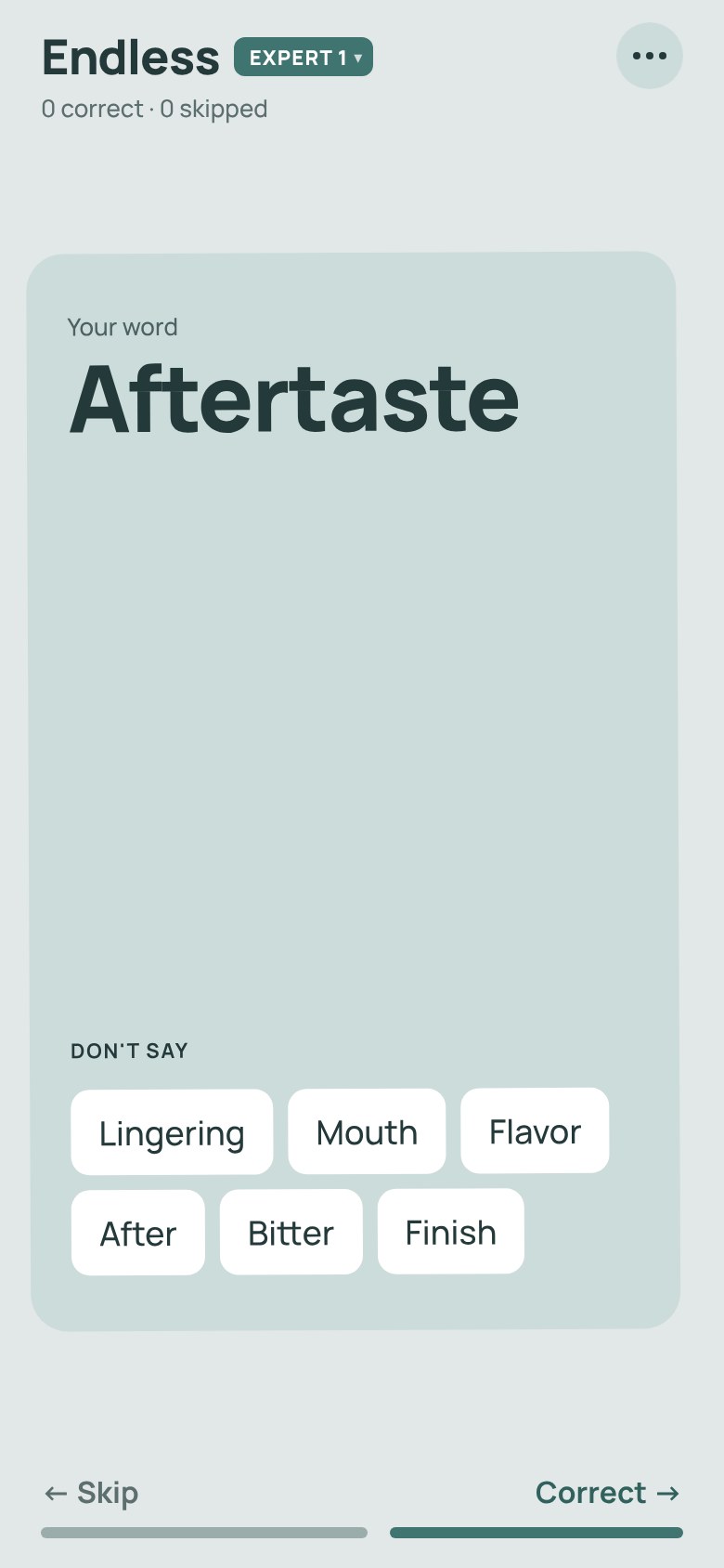 Unspoken card screen with the word Aftertaste and six banned words